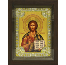 Икона освященная "Спас Вседержитель", дерево, серебро 925 пробы, 18x24 см, со стразами, в деревянном киоте 24x30 см