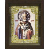 Икона освященная "Николай Чудотворец", дерево, серебро 925, 18x24 см, со стразами, в деревянном киоте 24x30 см фото