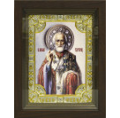 Икона освященная "Николай Чудотворец", дерево, серебро 925, 18x24 см, со стразами, в деревянном киоте 24x30 см
