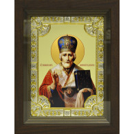 Икона освященная "Николай Чудотворец", дерево, серебро 925 пробы, 18x24 см, со стразами, в деревянном киоте 24x30 см фото