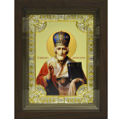 Икона освященная "Николай Чудотворец", дерево, серебро 925 пробы, 18x24 см, со стразами, в деревянном киоте 24x30 см