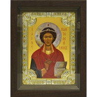 Икона освященная "Пантелеймон великомученик и целитель" из серебра 925 пробы, 18x24 см, со стразами, в деревянном киоте 24x30 см фото