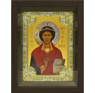 Икона освященная "Пантелеймон великомученик и целитель" из серебра 925 пробы, 18x24 см, со стразами, в деревянном киоте 24x30 см
