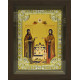 Икона освященная "Петр и Феврония благоверные кнн." из серебра 925пробы, 18x24 см, со стразами, в деревянном киоте 24x30 см
