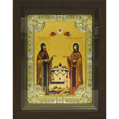 Икона освященная "Петр и Феврония благоверные кнн." из серебра 925пробы, 18x24 см, со стразами, в деревянном киоте 24x30 см фото
