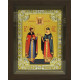 Икона освященная "Петр и Феврония благоверные кнн." из серебра 925 пробы, 18x24 см, со стразами, в деревянном киоте 24x30 см