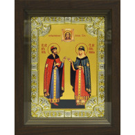 Икона освященная "Петр и Феврония благоверные кнн." из серебра 925 пробы, 18x24 см, со стразами, в деревянном киоте 24x30 см фото