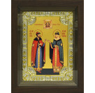 Икона освященная "Петр и Феврония благоверные кнн." из серебра 925 пробы, 18x24 см, со стразами, в деревянном киоте 24x30 см