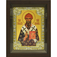 Икона освященная "Спиридон Тримифунтский святитель" из серебра 925 пробы, 18x24 см, со стразами, в деревянном киоте 24x30 см фото