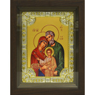 Икона освященная "Святая семья", дерево, серебро 925 пробы, 18x24 см, со стразами, в деревянном киоте 24x30 см фото