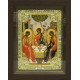 Икона освященная "Троица", дерево, серебро 925 пробы, 18x24 см, со стразами, в деревянном киоте 24x30 см