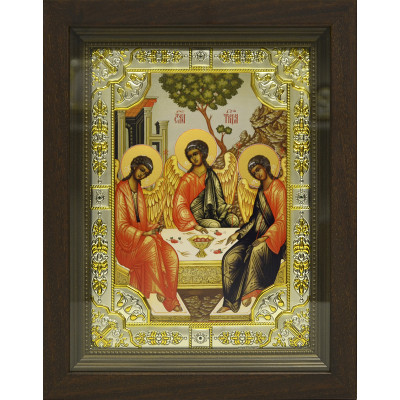 Икона освященная "Троица", дерево, серебро 925 пробы, 18x24 см, со стразами, в деревянном киоте 24x30 см фото