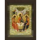 Икона освященная "Троица", дерево, серебро 925 пробы, 18x24 см, со стразами, в деревянном киоте 24x30 см