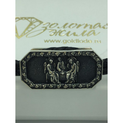 Стильный кожаный православный двойной браслет Святая Троица с молитвой из кожи и серебра 925 пробы с чернением фото