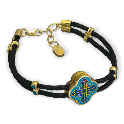 Кожаный черный плетеный браслет "Крест" с бусинами и наконечниками из серебра 925 пробы с позолотой и горячей эмалью фото