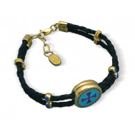 Кожаный плетеный браслет "Крест" с бусинами и наконечниками из серебра 925 пробы с позолотой и горячей эмалью фото