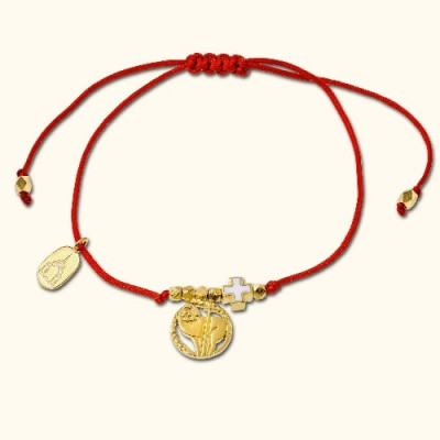 Православный браслет "Крестик и агнец" - красная нить с бусинами из серебра 925 пробы с позолотой и горячей эмалью фото