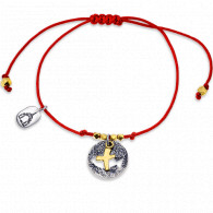 Красный православный браслет-ниточка "Рыба/Крест" с бусинами из серебра 925 пробы с позолотой фото