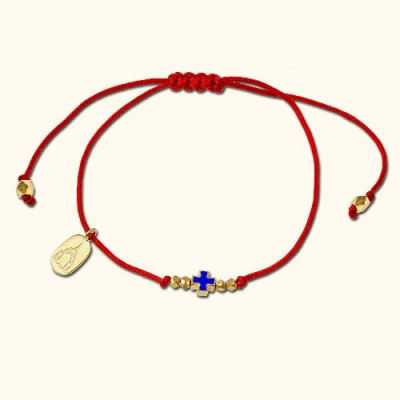 Православный браслет «крестик» на красном шнурке с бусинами из серебра 925 пробы с позолотой и ювелирной эмалью фото