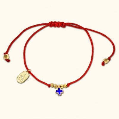 Православный браслет «крестик-подвеска» на красном шнуре с бусинами из серебра 925 пробы с позолотой и ювелирной эмалью фото