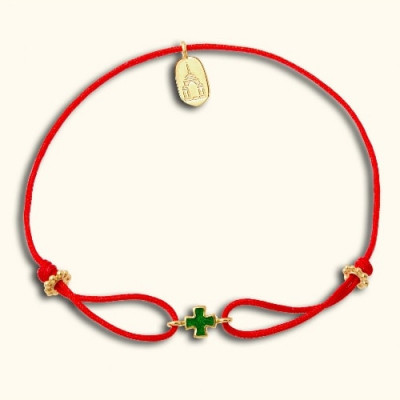 Красный православный браслет «крестик» на верёвочке с бусинками из серебра 925 пробы с позолотой и ювелирной эмалью фото