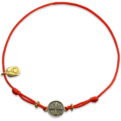 Браслет «крест» на верёвочке  с бусинками из серебра 925 пробы с позолотой и чернением фото