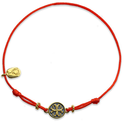 Красный православный браслет «крест» на верёвочке  с бусинами из серебра 925 пробы с позолотой и чернением фото
