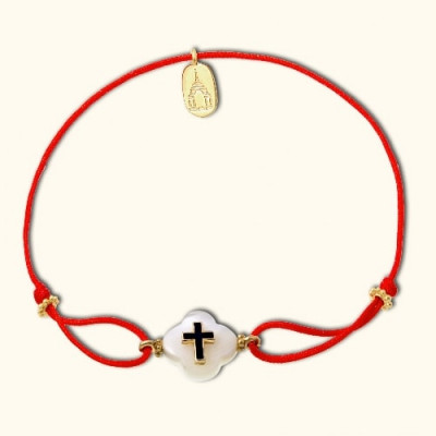 Красный православный браслет «Крест на перламутре» - текстильный шнурок с бусинами из серебра 925 пробы с позолотой и эмалью фото