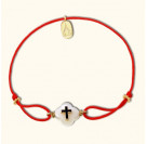 Красный православный браслет «Крест на перламутре» - текстильный шнурок с бусинами из серебра 925 пробы с позолотой и эмалью