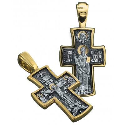 Нательный крест «Святой Спиридон Тримифунтский» из серебра 925 пробы с позолотой и чернением фото