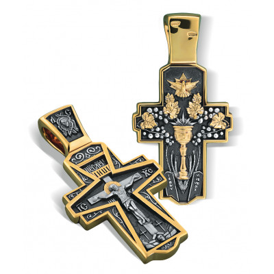 Большой нательный крест «Евхаристия» из серебра 925 пробы с позолотой и чернением фото