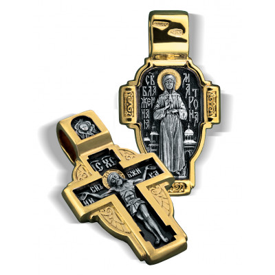 Нательный крест «Святая Блаженная Матрона» (ростовая) из серебра 925 пробы с позолотой и чернением фото
