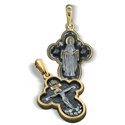 Нательный крест «Покров Божьей Матери» из серебра 925 пробы с позолотой и чернением фото