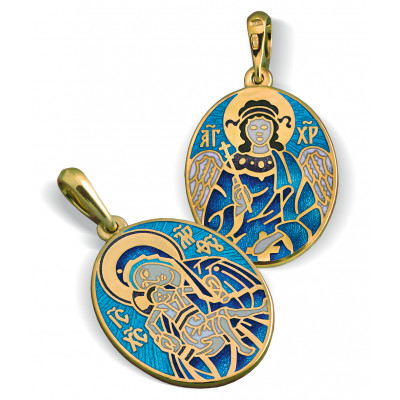 Образок «Киккская Божья Матерь. Ангел Хранитель» из серебра 960 пробы с позолотой, горячей эмалью и чернением фото