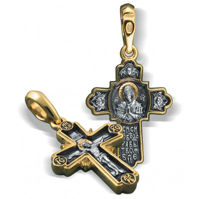 Нательный крест «Семистрельная Богородица» из серебра 925 пробы с позолотой и чернением фото