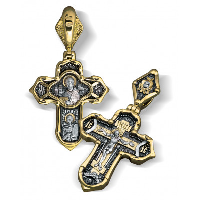 Нательный крест «Святитель Спиридон/Праведный Феодор Ушаков» из серебра 925 пробы с позолотой и чернением фото