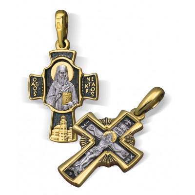 Нательный крест «Святитель Нектарий Эгинский» малый из серебра 925 пробы с позолотой и чернением фото