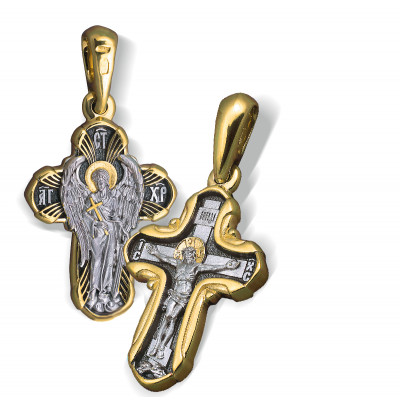 Нательный крест «Ангел Хранитель» из серебра 925 пробы с позолотой и чернением фото