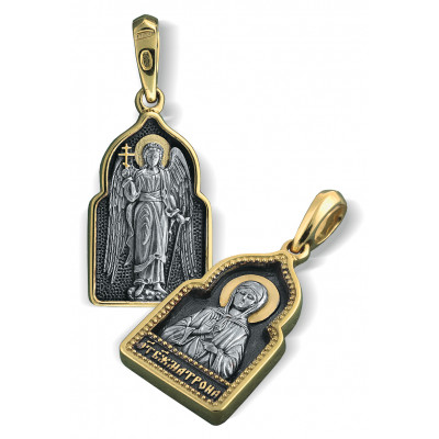 Иконка «Святая Матрона. Ангел хранитель» из серебра 925 пробы с позолотой и чернением фото