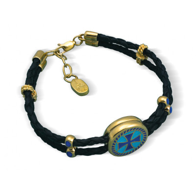 Черный православный браслет "Благословение" с бусинами и наконечниками из серебра 925 пробы с позолотой и горячей эмалью фото