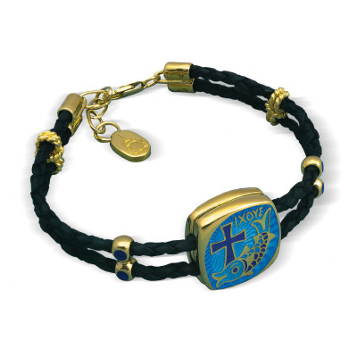 Черный плетеный браслет "Крест" из кожи с бусинами и наконечниками из серебра 925 пробы с позолотой и горячей эмалью фото