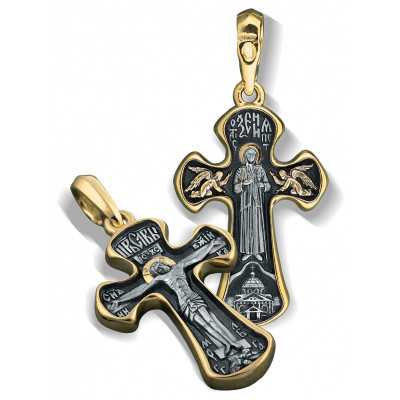Православный нательный крест «Святая Блаженная Ксения» из серебра 925 пробы с позолотой и чернением фото