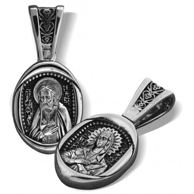 Нательная иконка «Серафим Саровский. Богородица Умиление» из серебра 925 пробы с чернением фото