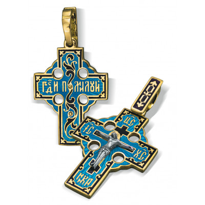 Православный нательный крест с эмалью из серебра 960 пробы с золочением фото