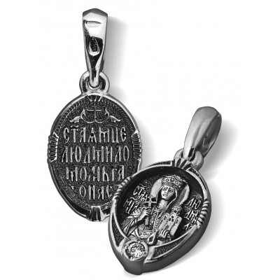 Нательная иконка «Святая Людмила» с фианитом из серебра 925 пробы с чернением фото