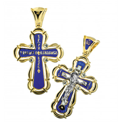 Нательный православный крест с камнями и эмалью из серебра 960 пробы с золочением фото