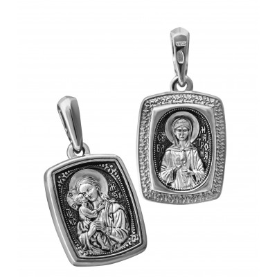 Нательная иконка с ликами Божьей Матери «Взыскание погибших» и Матроны Московской из серебра 925 пробы с чернением фото
