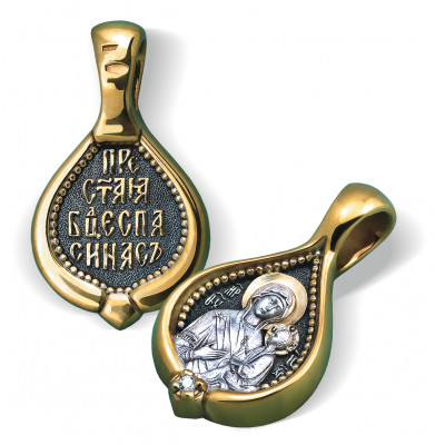Образок Божьей Матери «Тихвинская» с фианитом из серебра 925 пробы с позолотой и чернением фото