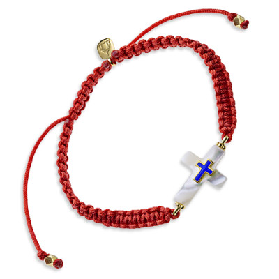 Красный браслет на веревочке "Перламутр-крест" с бусинами из серебра 960 пробы с позолотой и эмалью фото