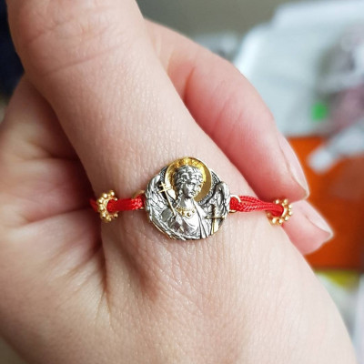 Православный браслет "Ангел Хранитель" - красная нить с бусинами из серебра 925 пробы с позолотой фото